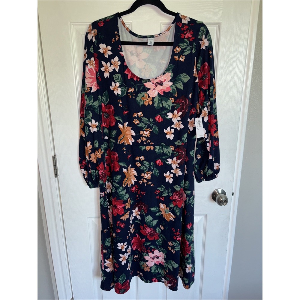 Old Navy Women's Size 2X Blue Floral Bohemian Midi Dress Long Sleeve New NWT